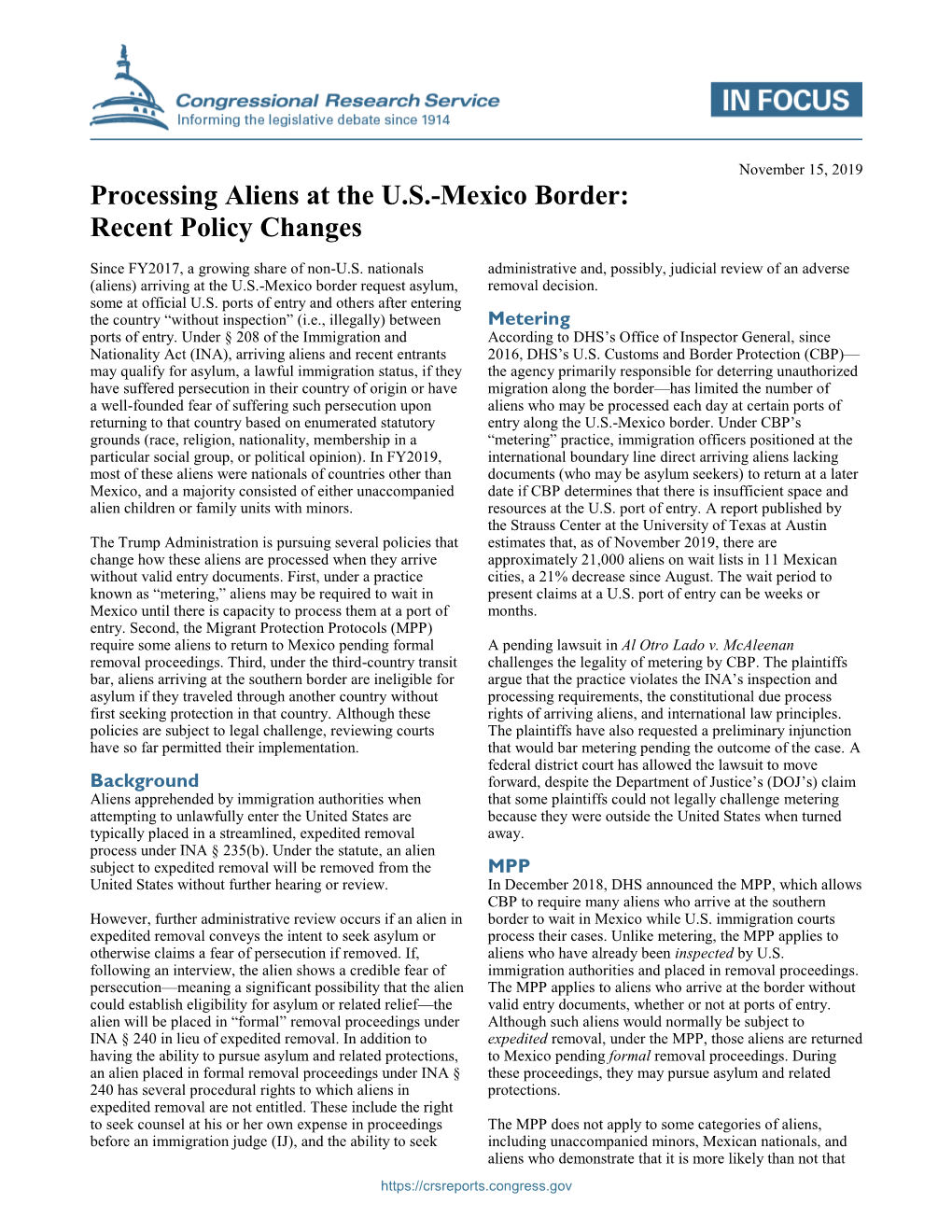 Processing Aliens at the U.S.-Mexico Border: Recent Policy Changes