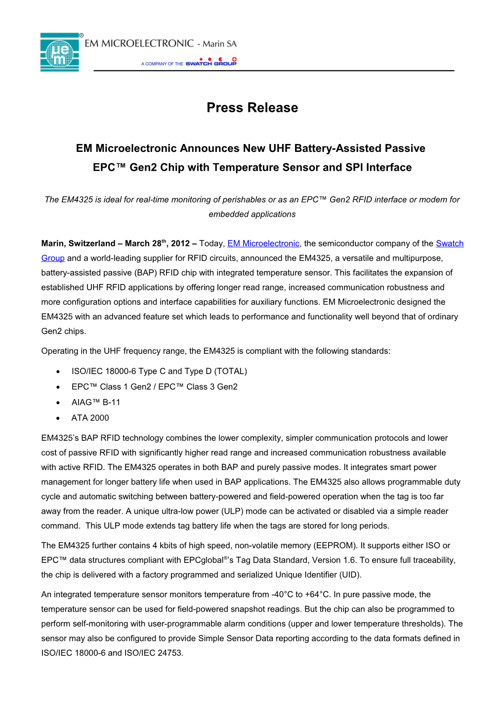 EM Microelectronic Announces New UHF Battery-Assisted Passive