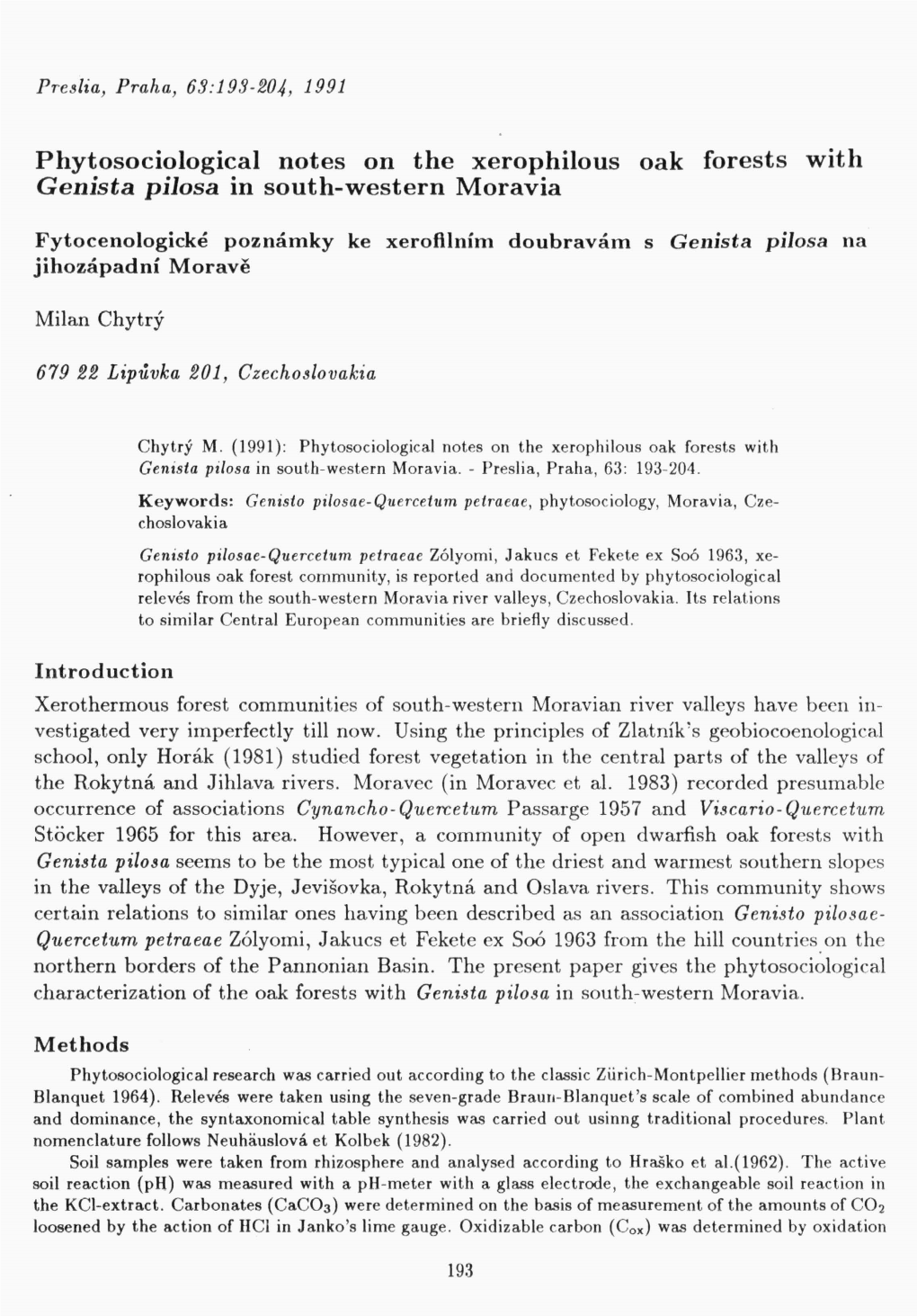 Phytosociological Notes on the Xerophilous Oak Forest with Genista