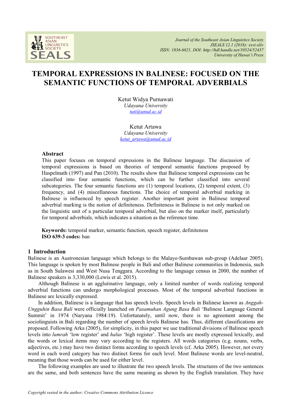 Temporal Expressions in Balinese: Focused on the Semantic Functions of Temporal Adverbials