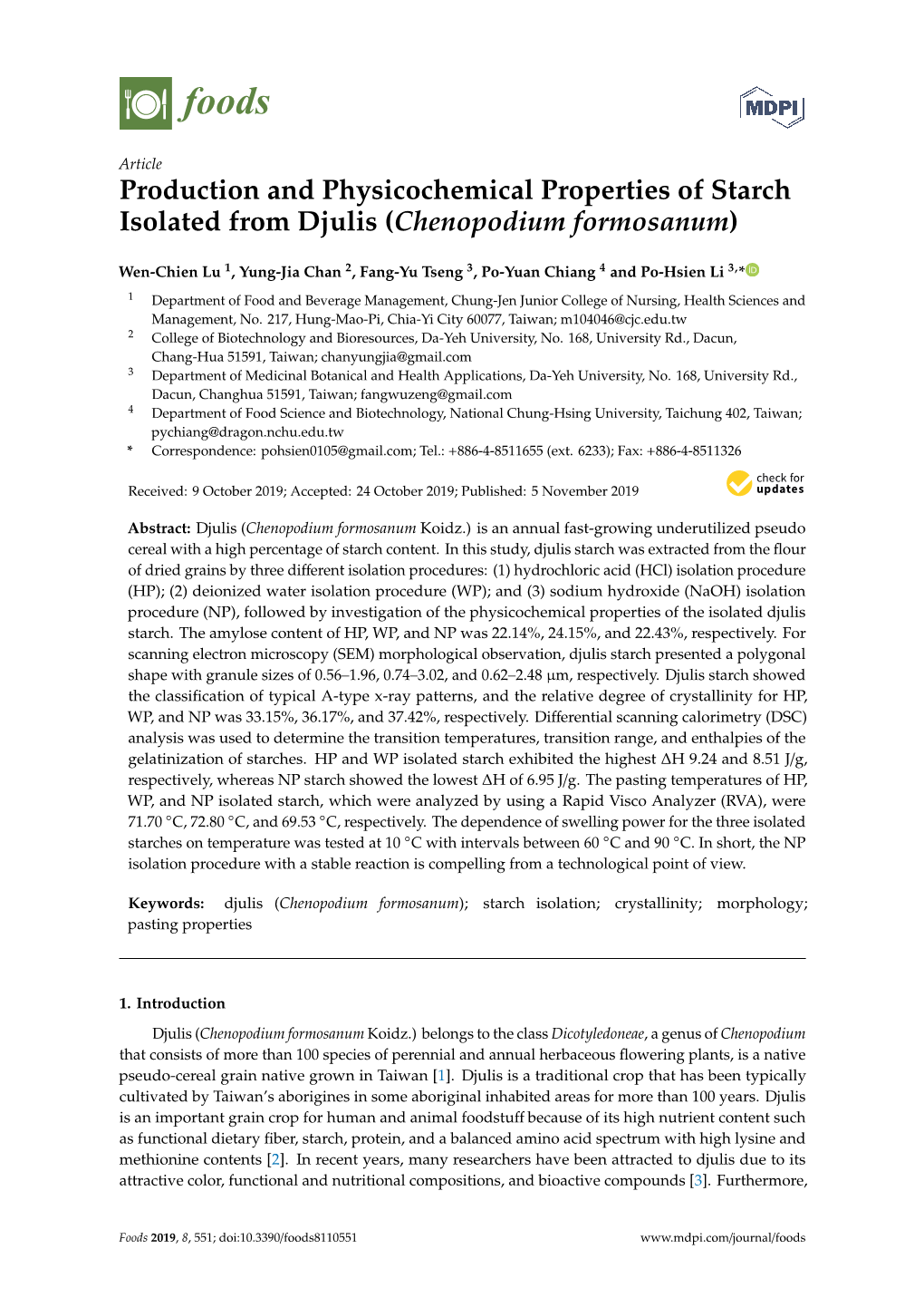 Production and Physicochemical Properties of Starch Isolated from Djulis (Chenopodium Formosanum)