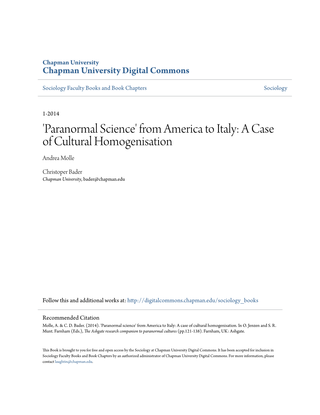 Paranormal Science' from America to Italy: a Case of Cultural Homogenisation Andrea Molle