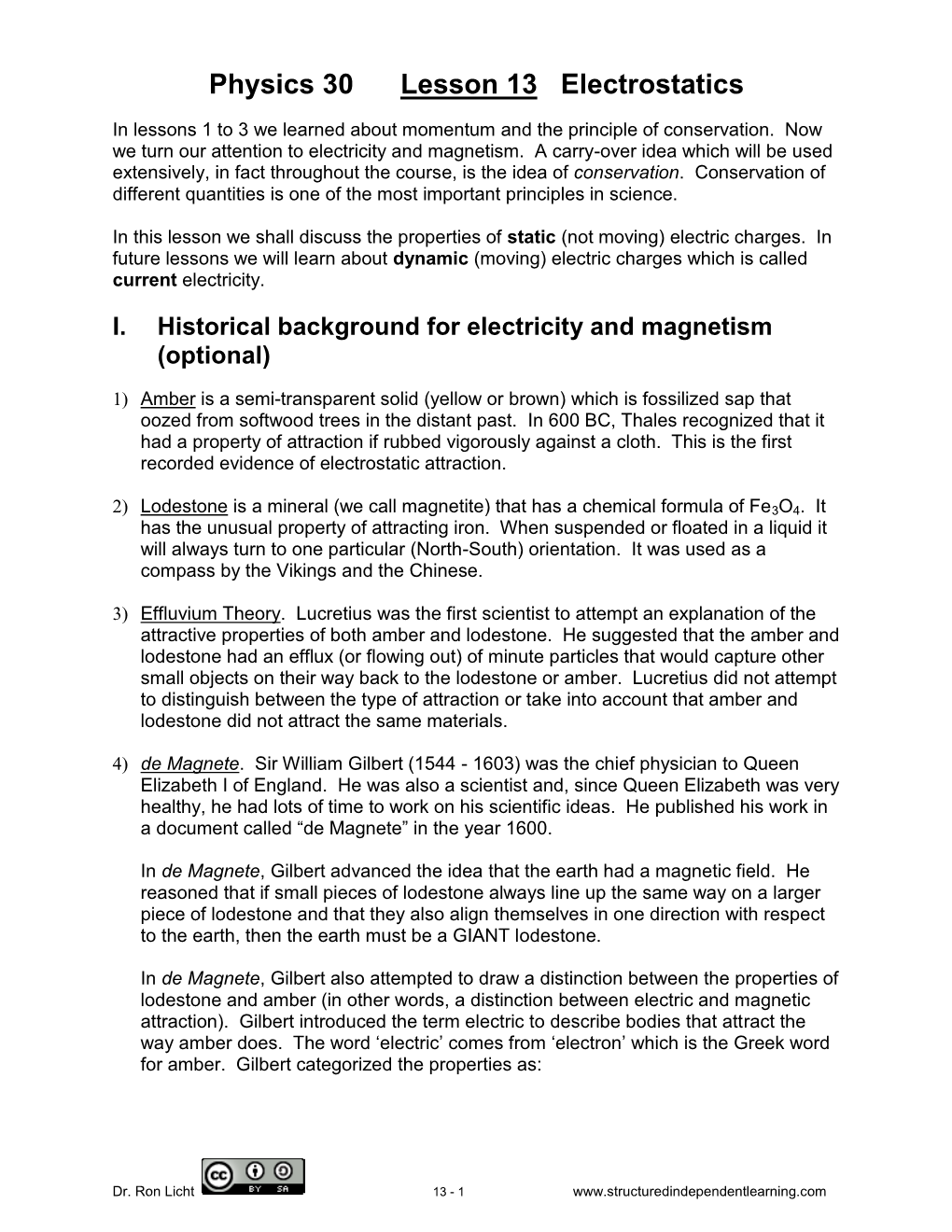 Physics 30 Lesson 13 Electrostatics