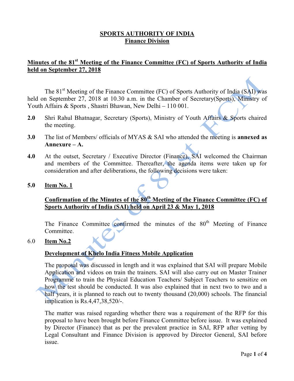 SPORTS AUTHORITY of INDIA Finance Division Minutes of the 81