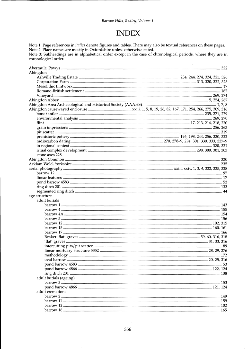 Barrow Hills, Radley, Volume 1 Note 1: Page References in Italics