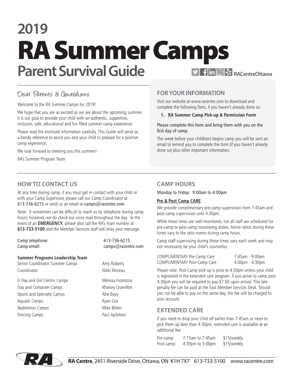 RA Summer Camps Parent Survival Guide Racentreottawa
