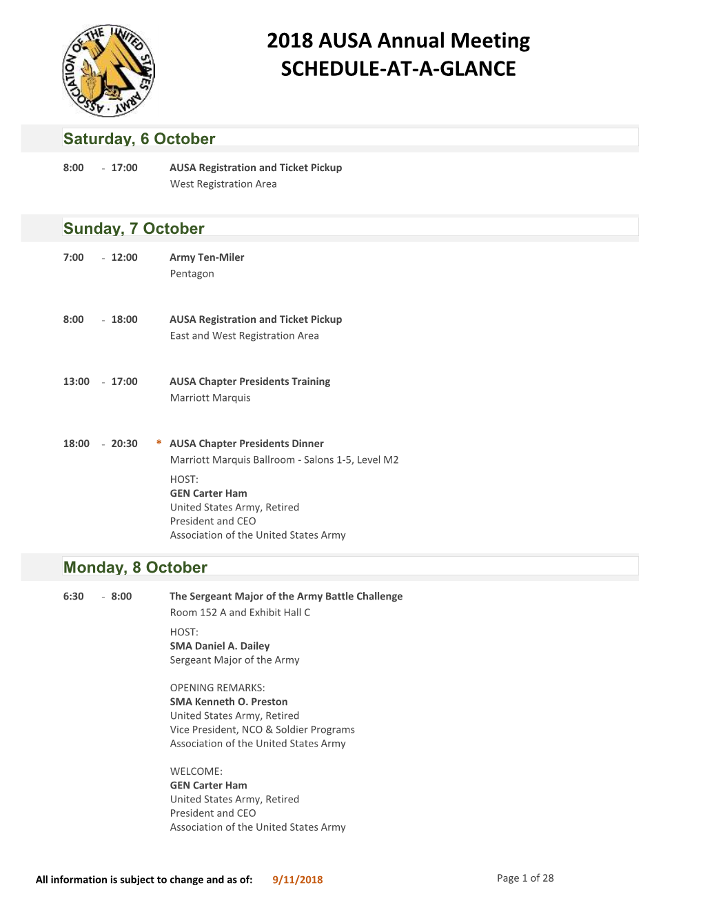 2018 AUSA Annual Meeting SCHEDULE-AT-A-GLANCE