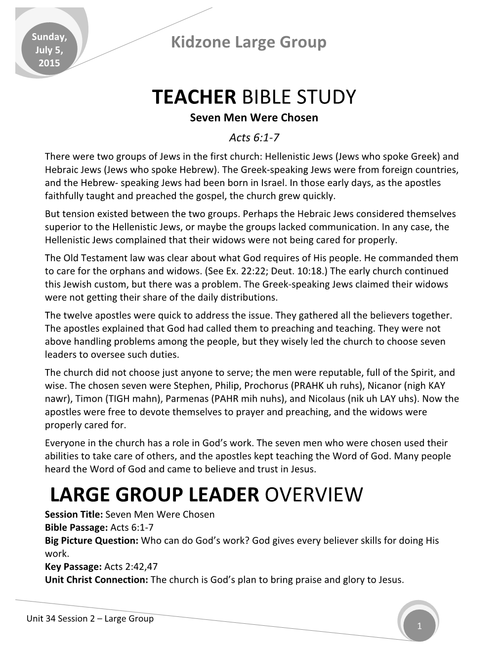 Teacher Bible Study Large Group Leader Overview