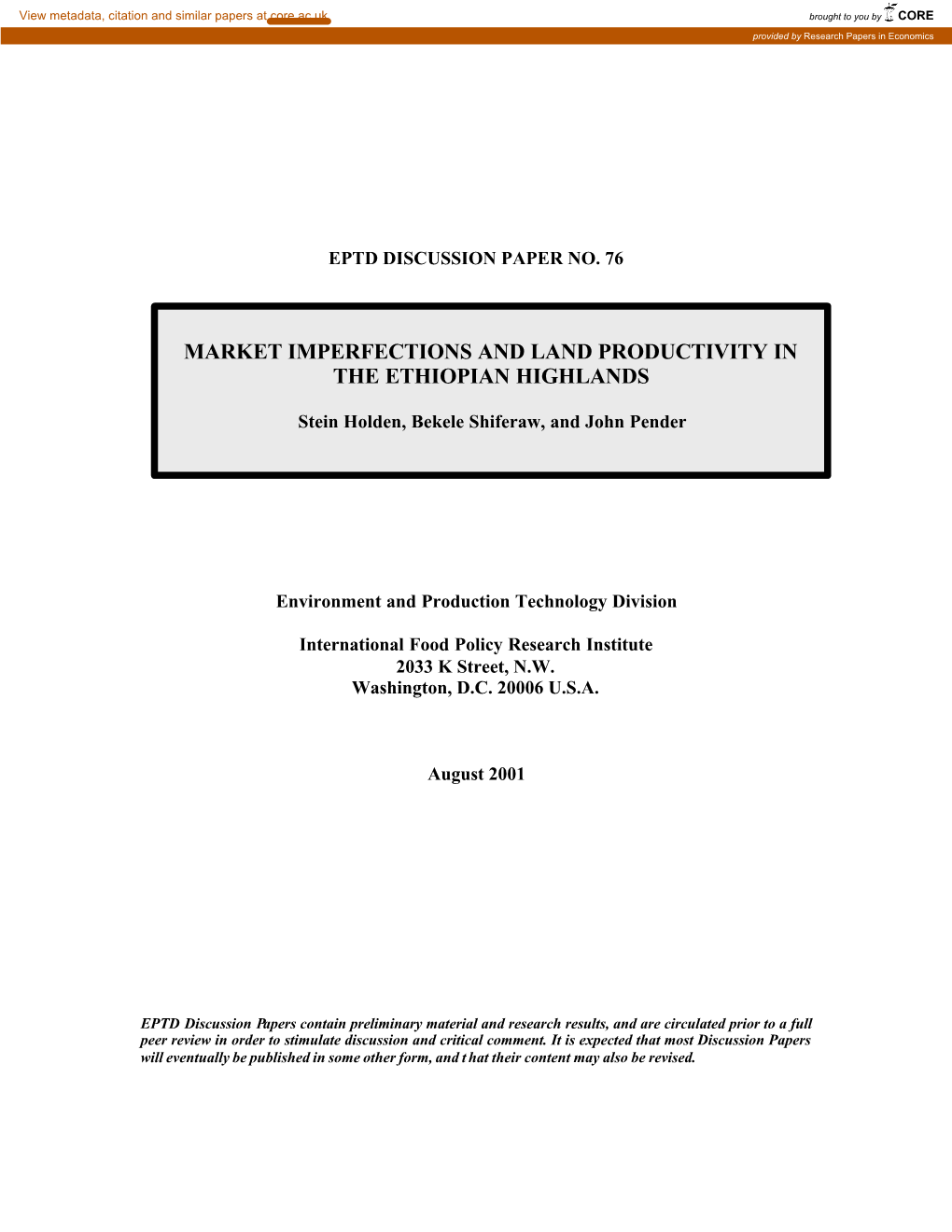 Market Imperfections and Land Productivity in the Ethiopian Highlands