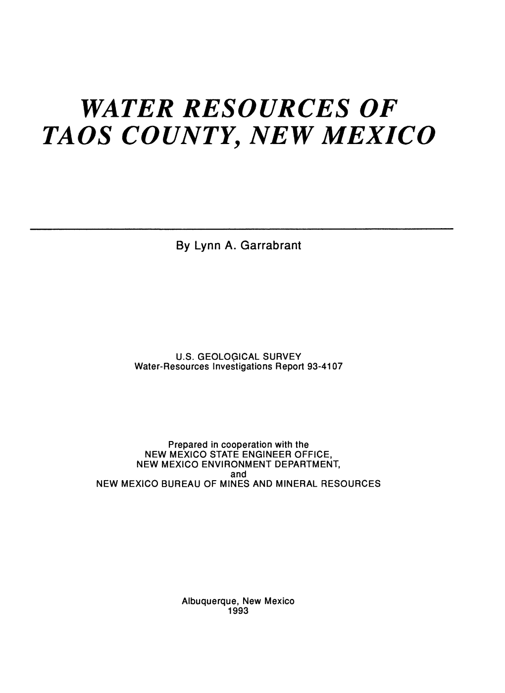 Water Resources of Taos County, New Mexico