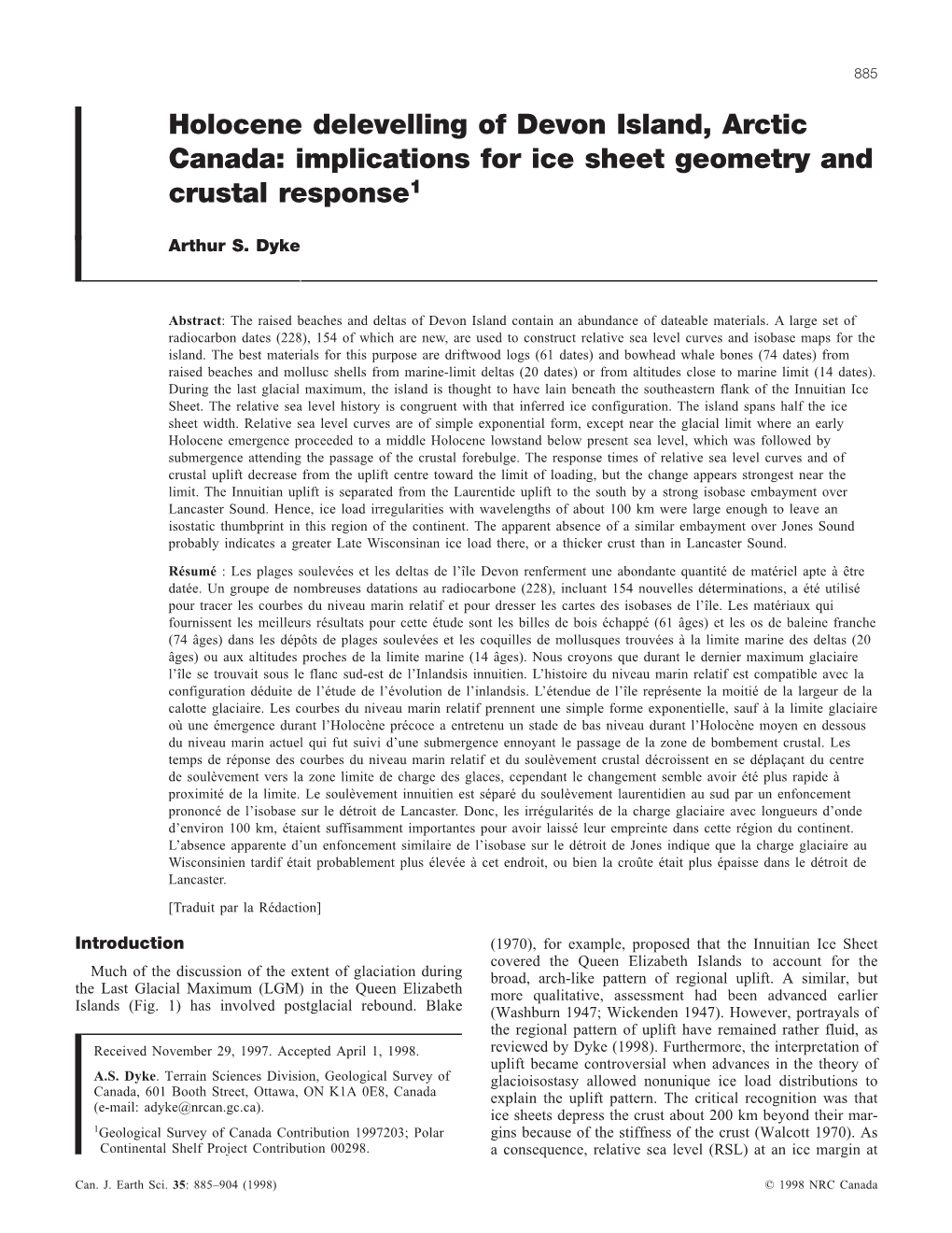 Holocene Delevelling of Devon Island, Arctic Canada: Implications for Ice Sheet Geometry and Crustal Response1