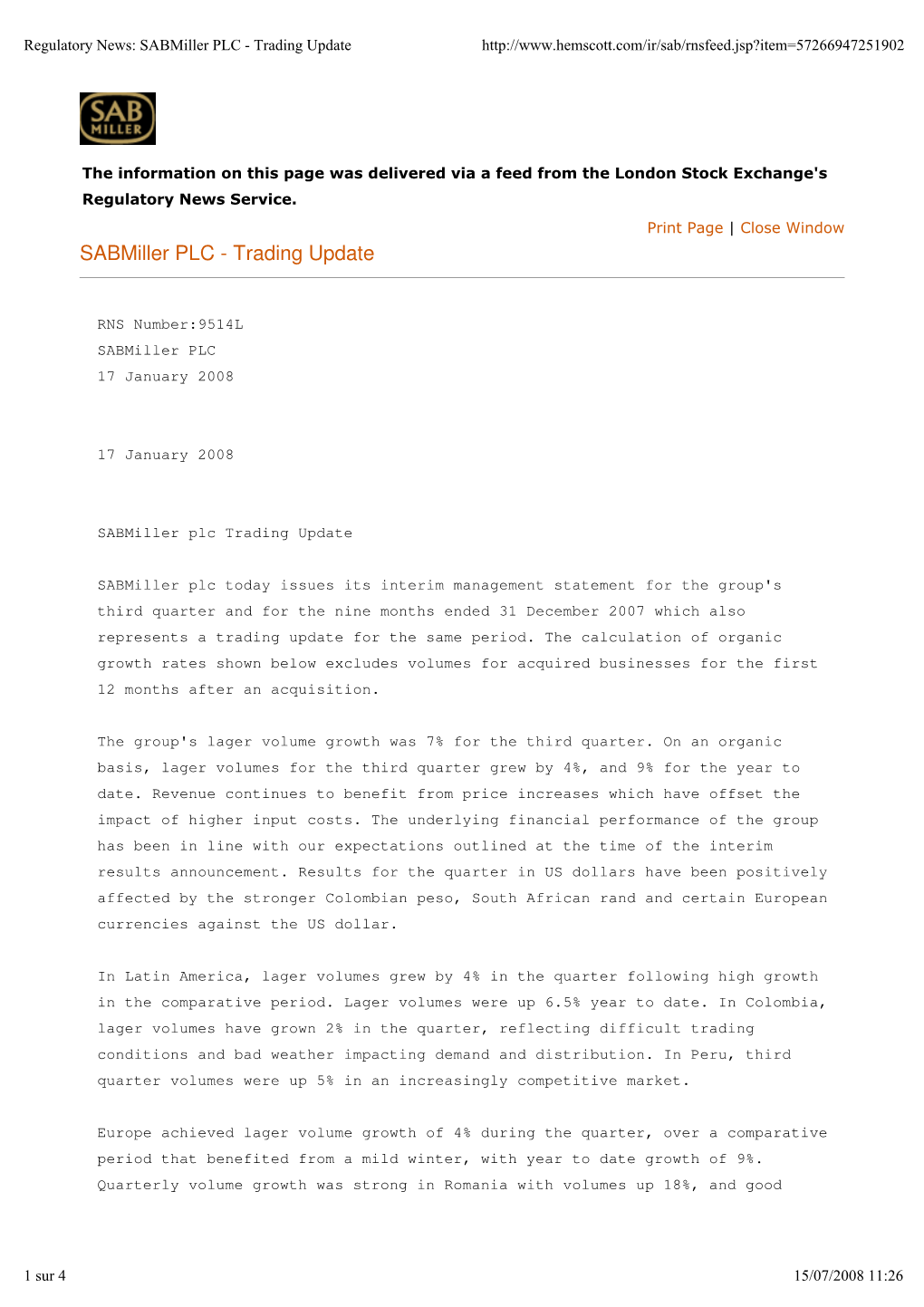 Sabmiller PLC - Trading Update