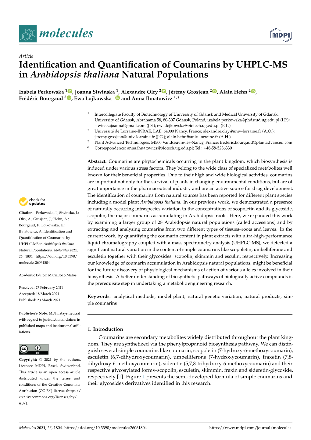 Identification and Quantification of Coumarins by UHPLC-MS