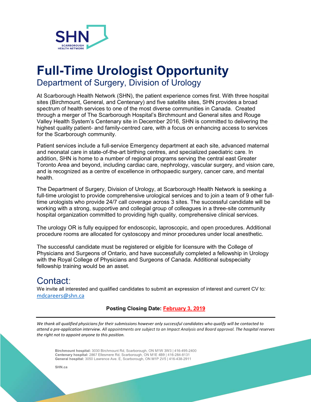 Full-Time Urologist Opportunity Department of Surgery, Division of Urology at Scarborough Health Network (SHN), the Patient Experience Comes First