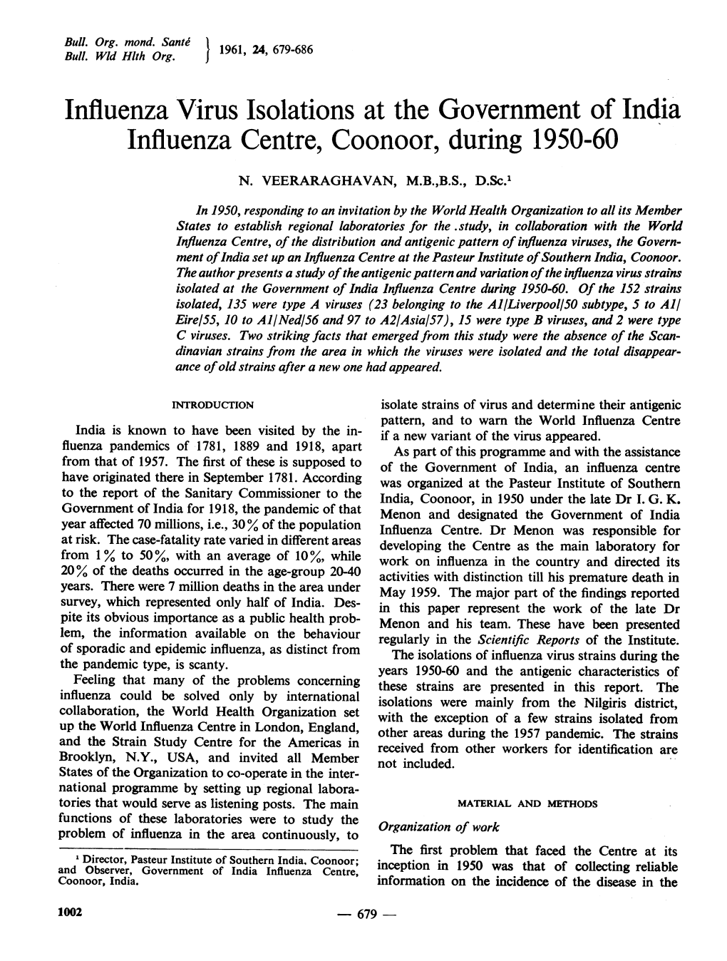 Influenza Centre, Coonoor, During 1950-60
