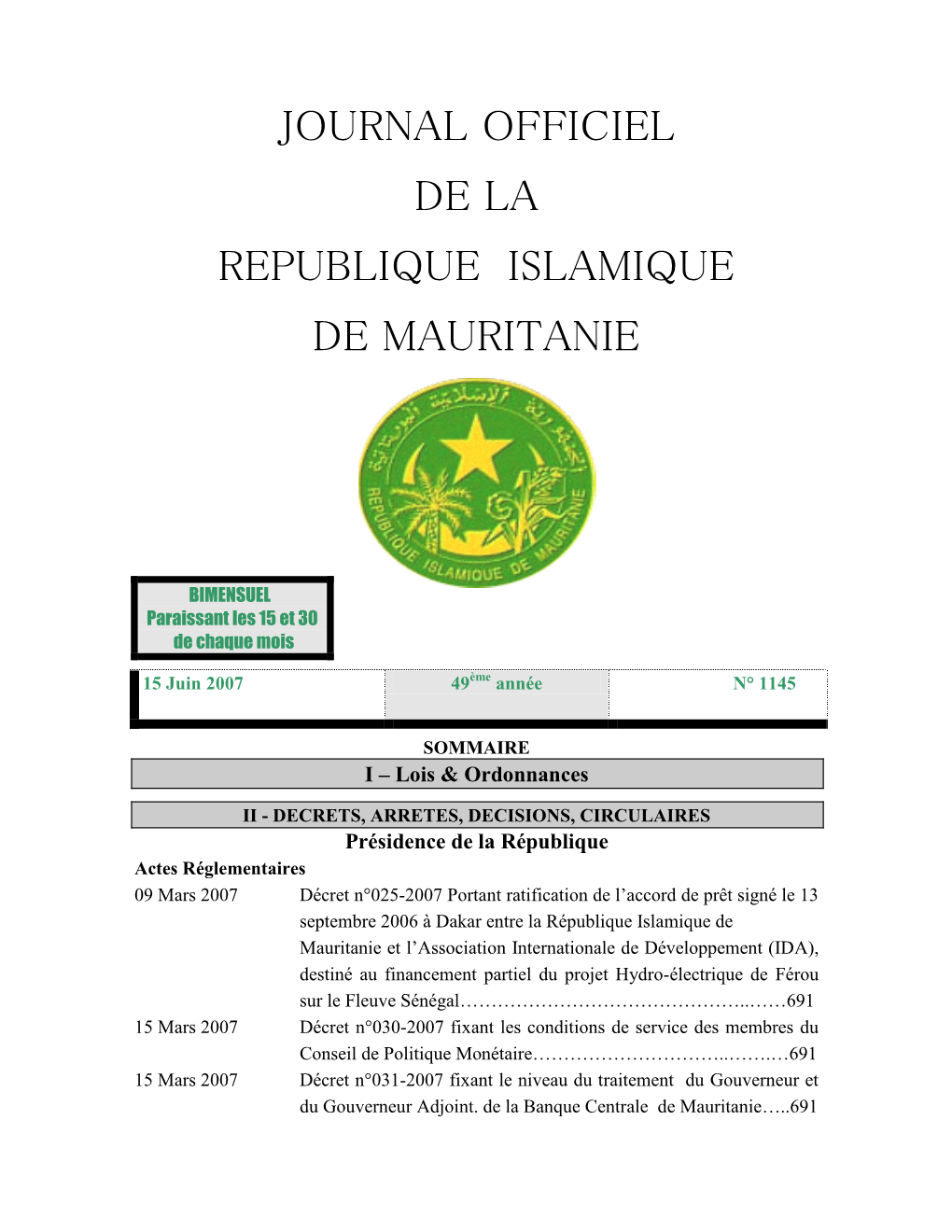 Journal Officiel De La Republique Islamique De Mauritanie