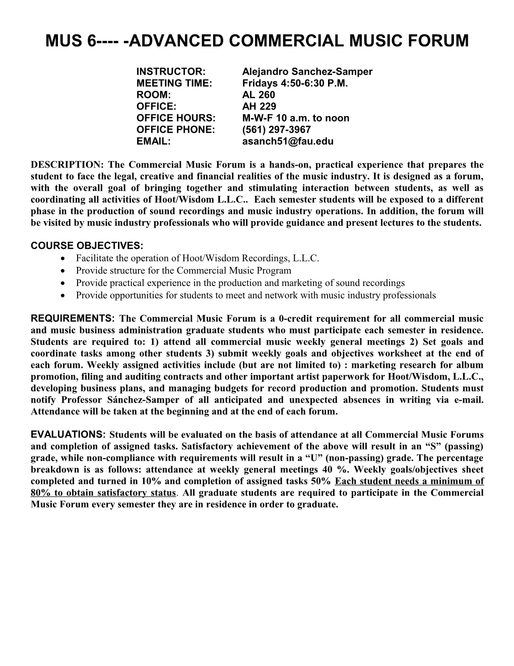 Mus 6 -Advanced Commercial Music Forum