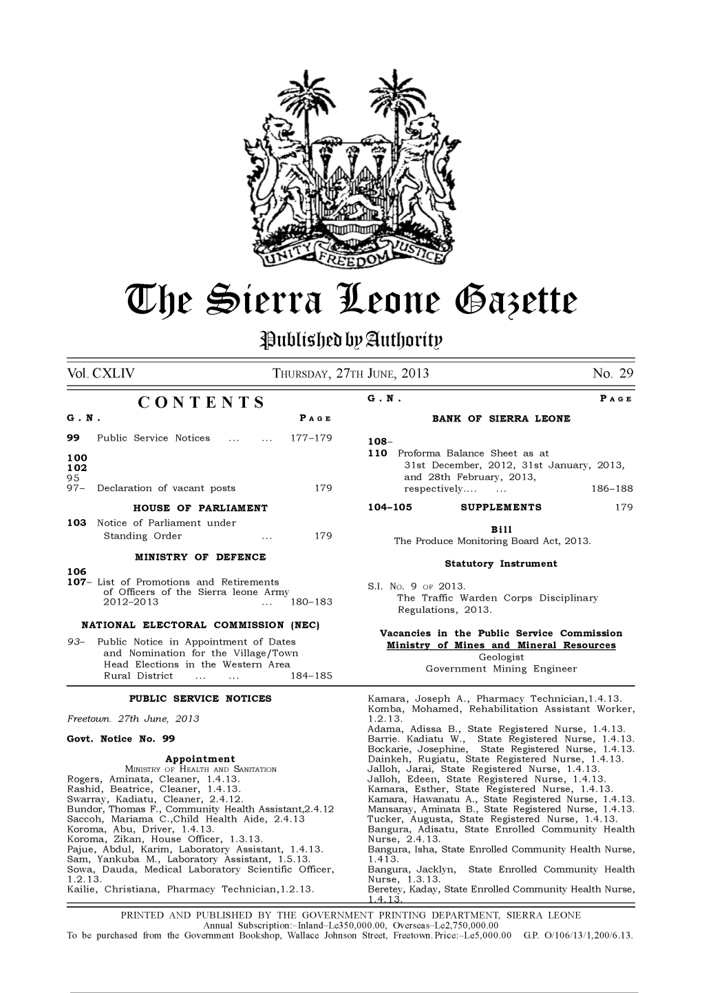 The Sierra Leone Gazette Published by Authority