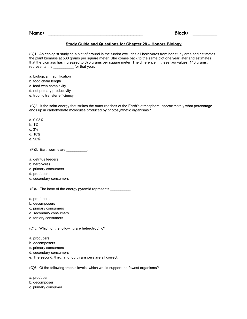 Study Guide and Questions for Chapter 28 Honors Biology