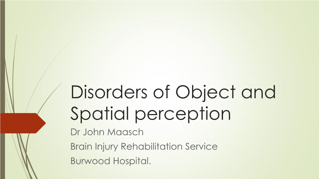 Disorders of Object and Spatial Perception Dr John Maasch Brain Injury Rehabilitation Service Burwood Hospital