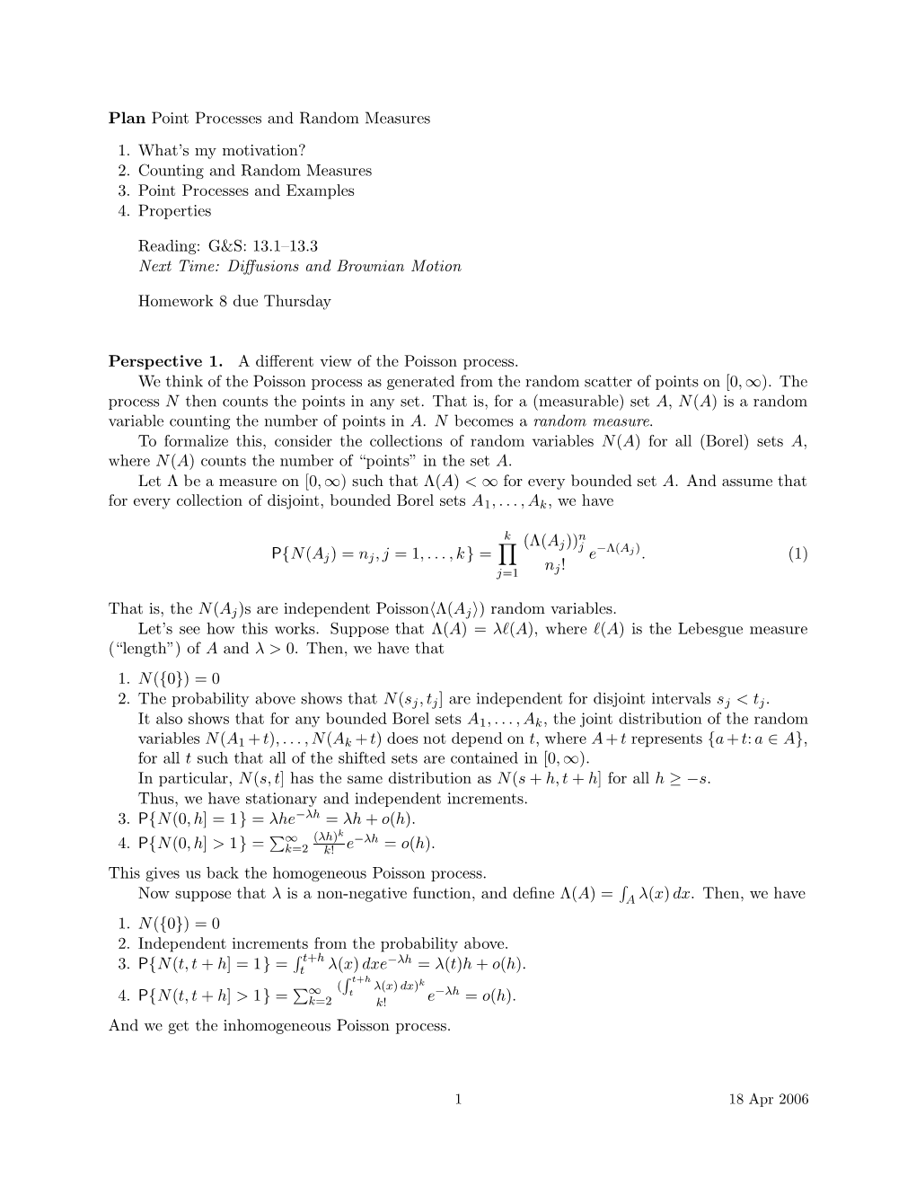 2. Counting and Random Measures 3. Point Processes and Examples 4