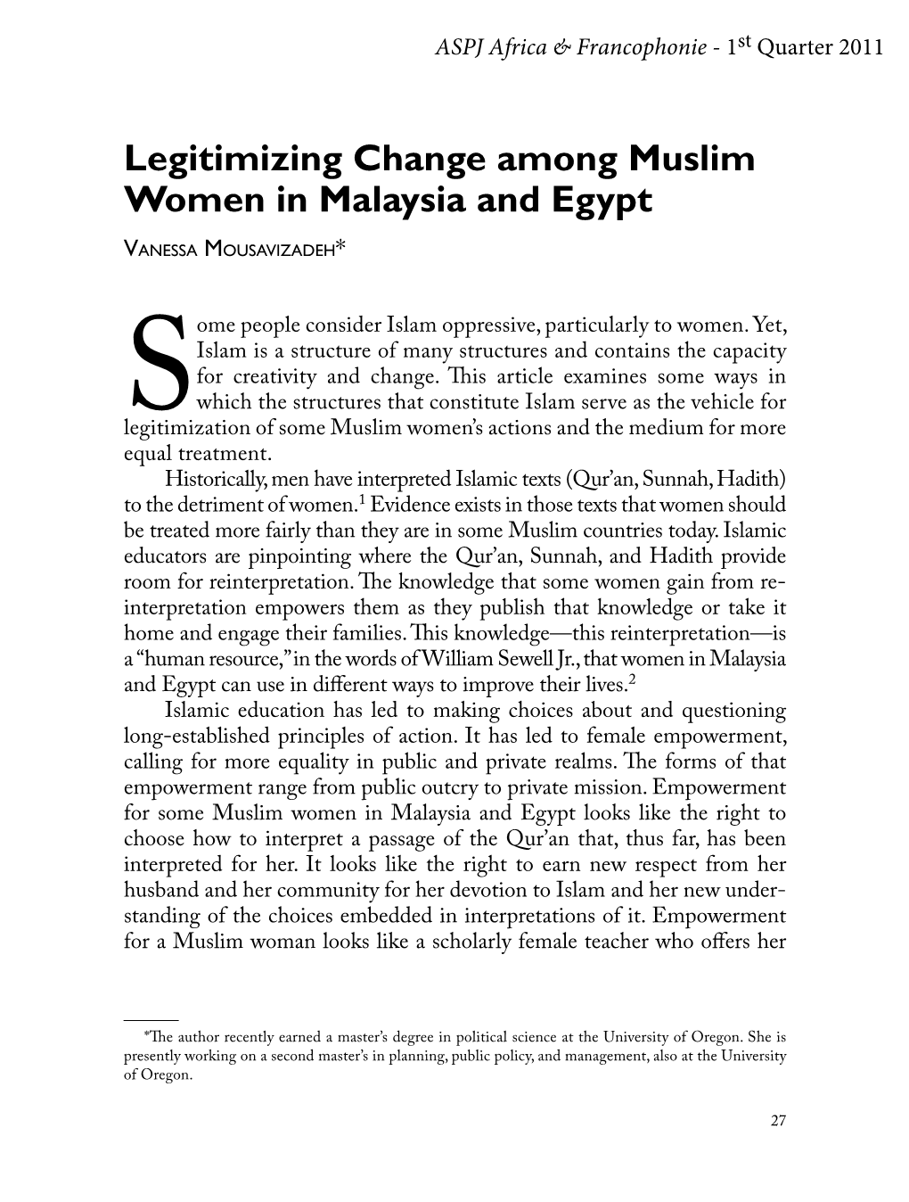 Legitimizing Change Among Muslim Women in Malaysia and Egypt