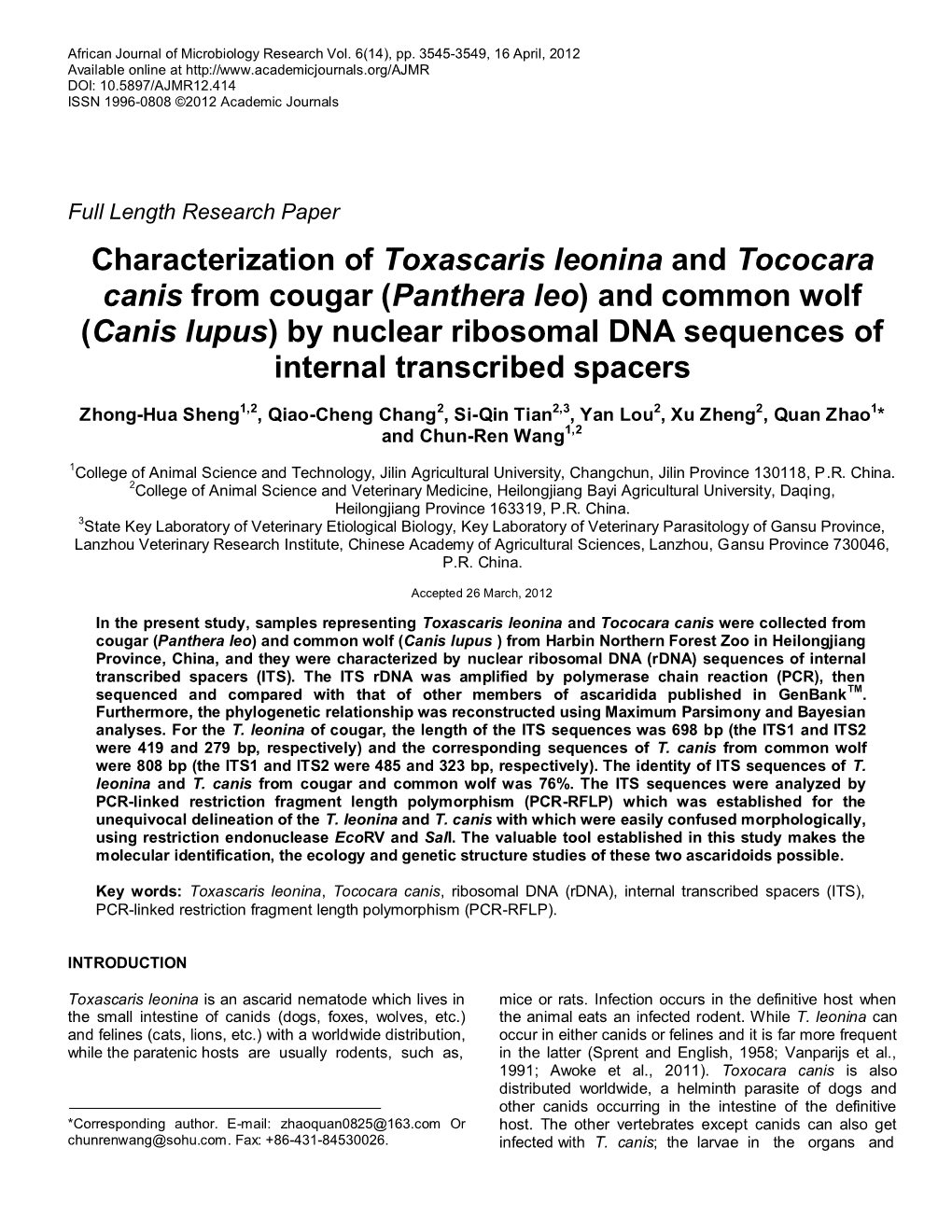 Characterization of Toxascaris Leonina and Tococara