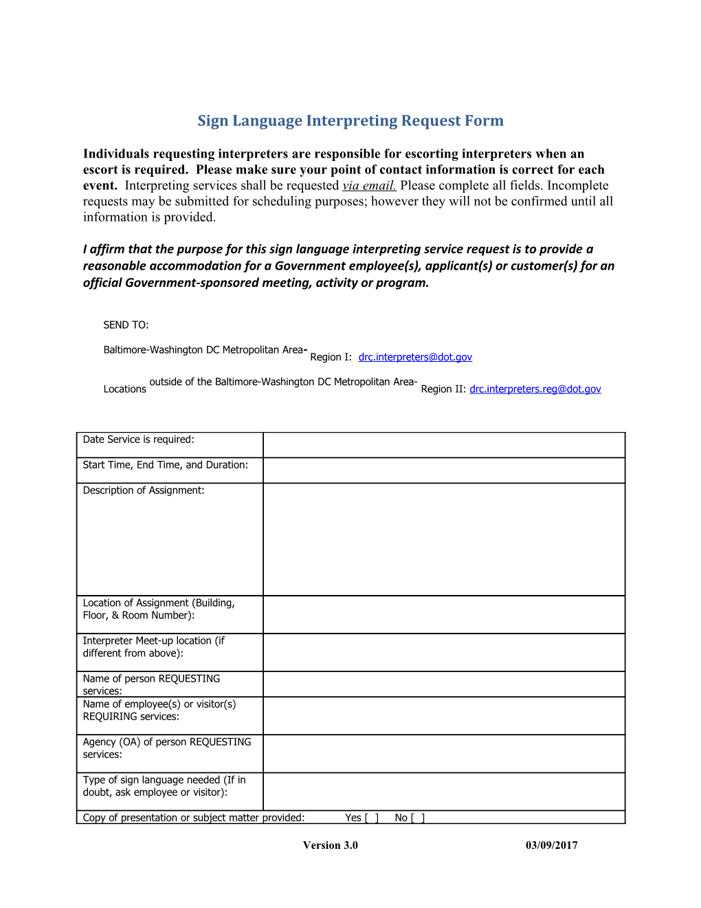 Sign Language Interpreting Request Form