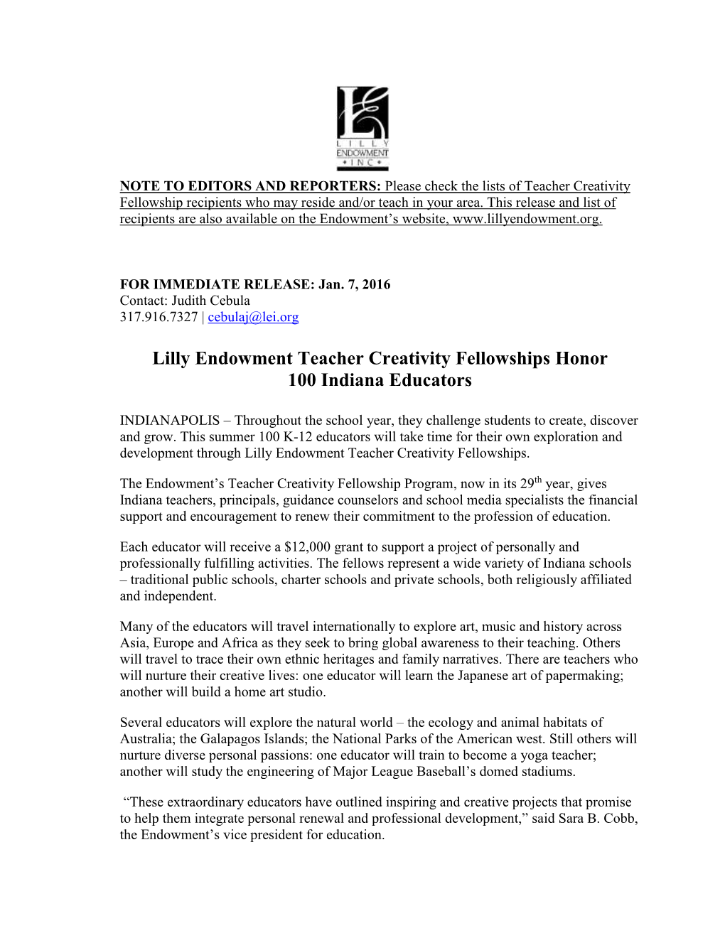 Lilly Endowment Teacher Creativity Fellowships Honor 100 Indiana Educators