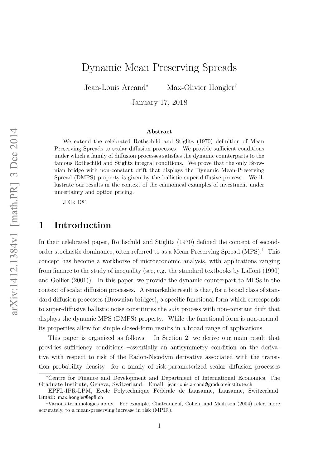 Arxiv:1412.1384V1 [Math.PR] 3 Dec 2014 Dynamic Mean Preserving