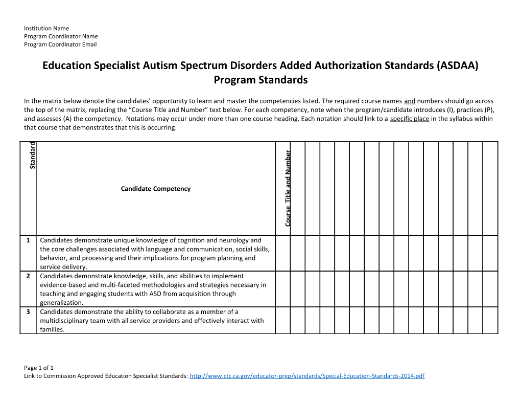 Education Specialist Autism Spectrum Disorders Added Authorization Standards (ASDAA) Program