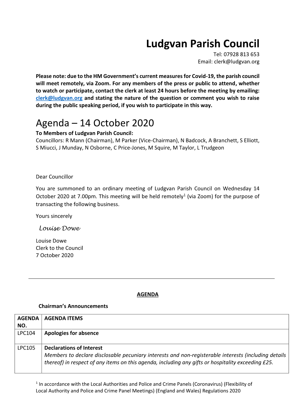 14 October 2020 Agenda