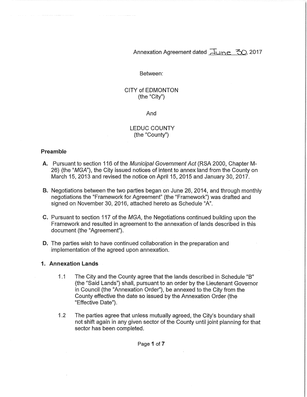 Annexation Agreement Between City of Edmonton and Leduc County