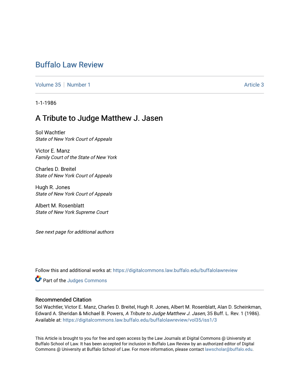 A Tribute to Judge Matthew J. Jasen