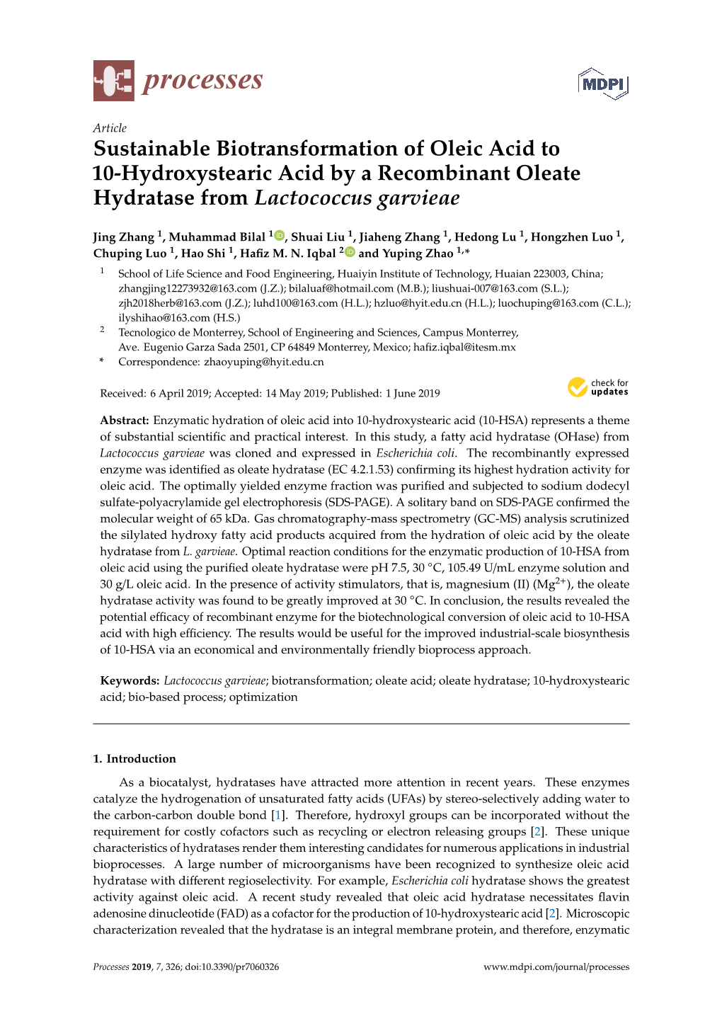 Sustainable Biotransformation of Oleic Acid to 10-Hydroxystearic Acid by a Recombinant Oleate Hydratase from Lactococcus Garvieae