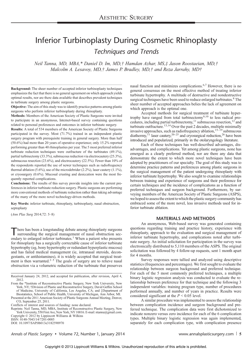 Inferior Turbinoplasty During Cosmetic Rhinoplasty Techniques and Trends