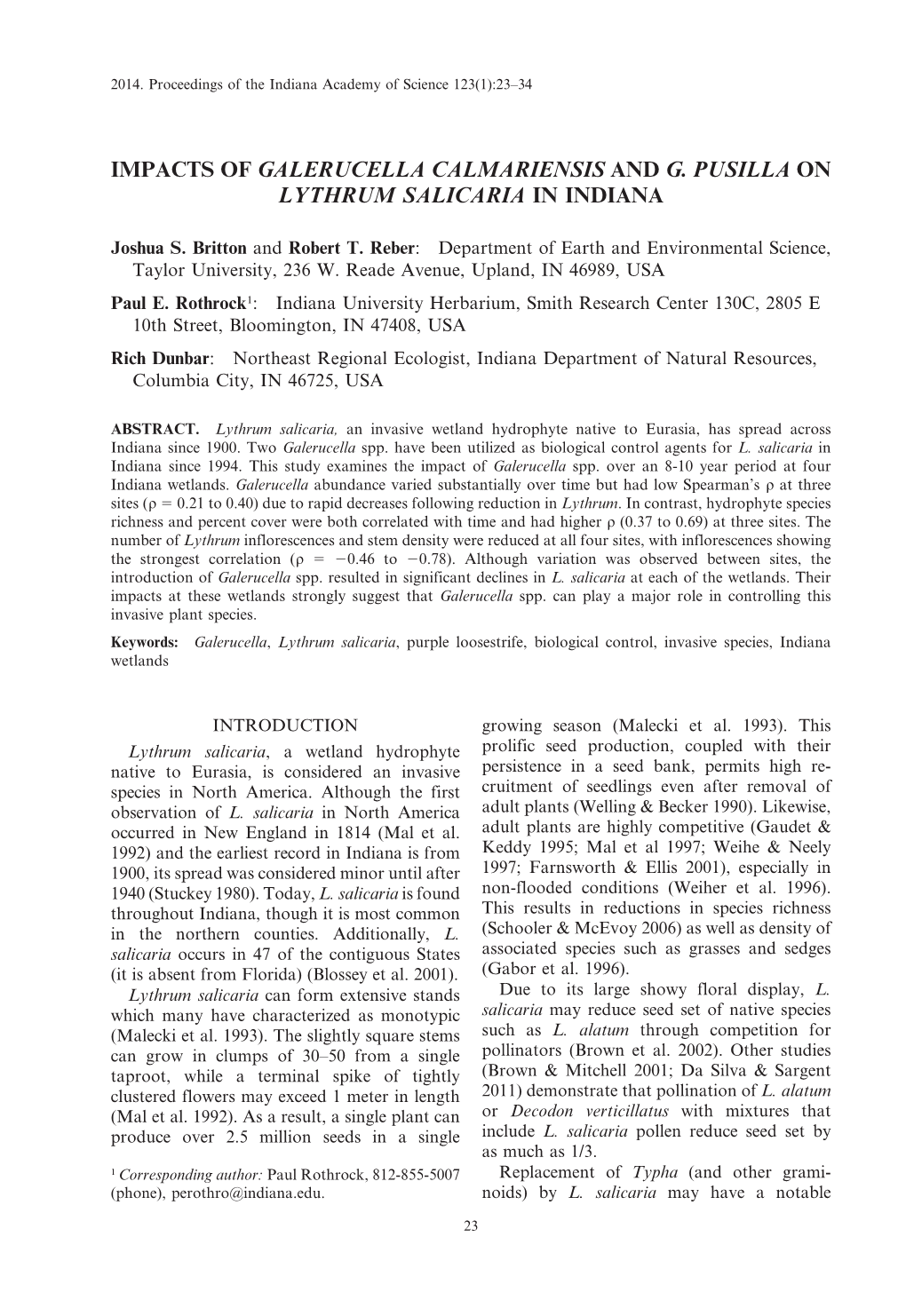 Impacts of Galerucella Calmariensis and G. Pusilla on Lythrum Salicaria in Indiana