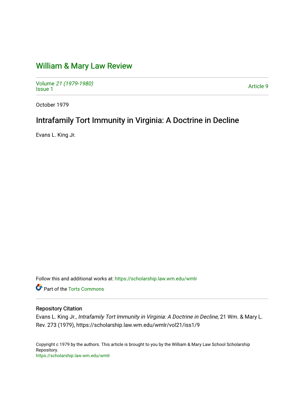 Intrafamily Tort Immunity in Virginia: a Doctrine in Decline