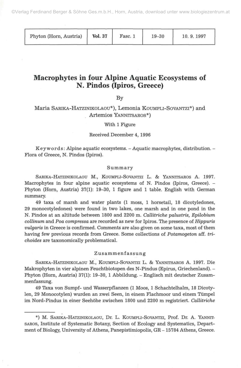 Macrophytes in Four Alpine Aquatic Ecosystems of N. Pindos (Ipiros, Greece)