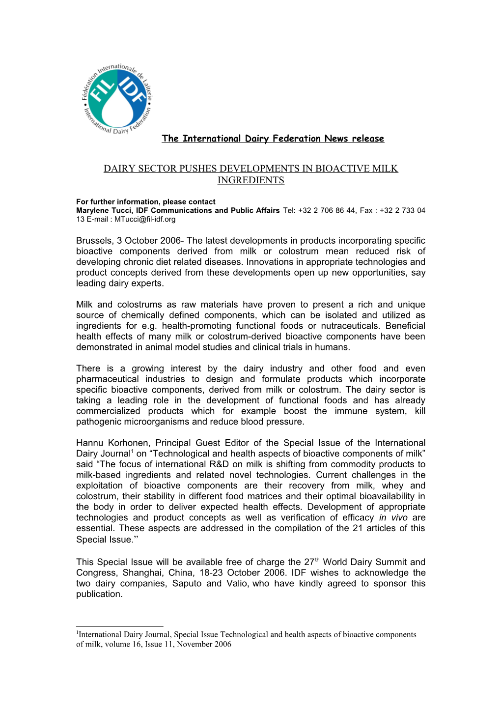 The International Dairy Federation News Release