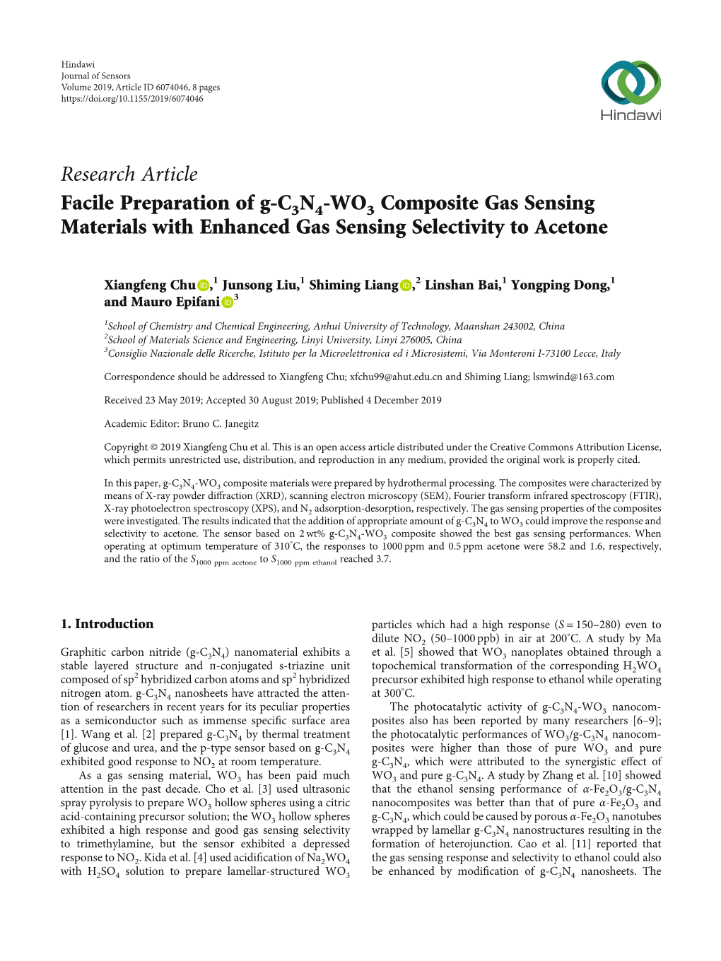 Facile Preparation of G-C3N4-WO3 Composite Gas Sensing Materials with Enhanced Gas Sensing Selectivity to Acetone