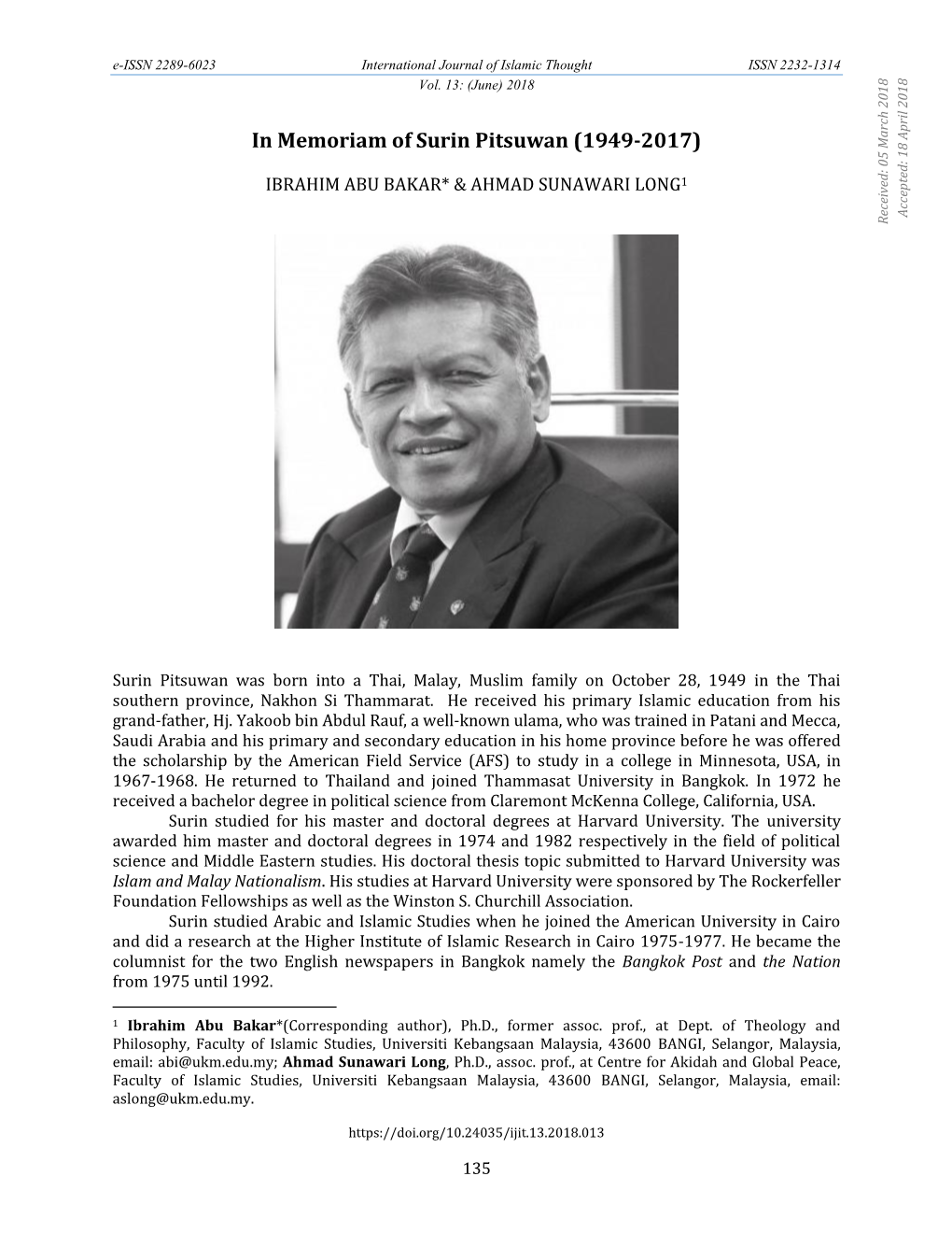 In Memoriam of Surin Pitsuwan (1949-2017) 18 IBRAHIM ABU BAKAR* & AHMAD SUNAWARI LONG1