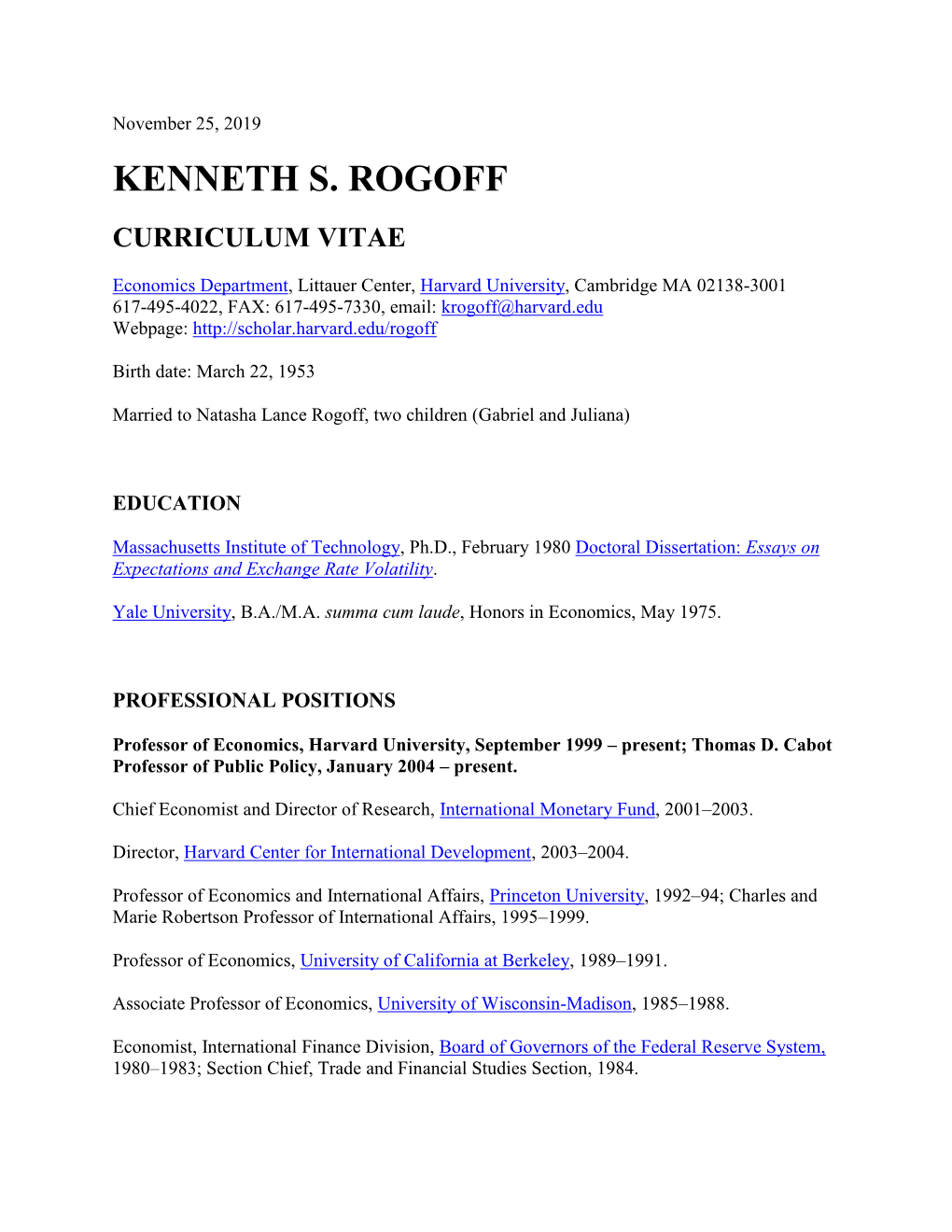 Kenneth S. Rogoff Curriculum Vitae