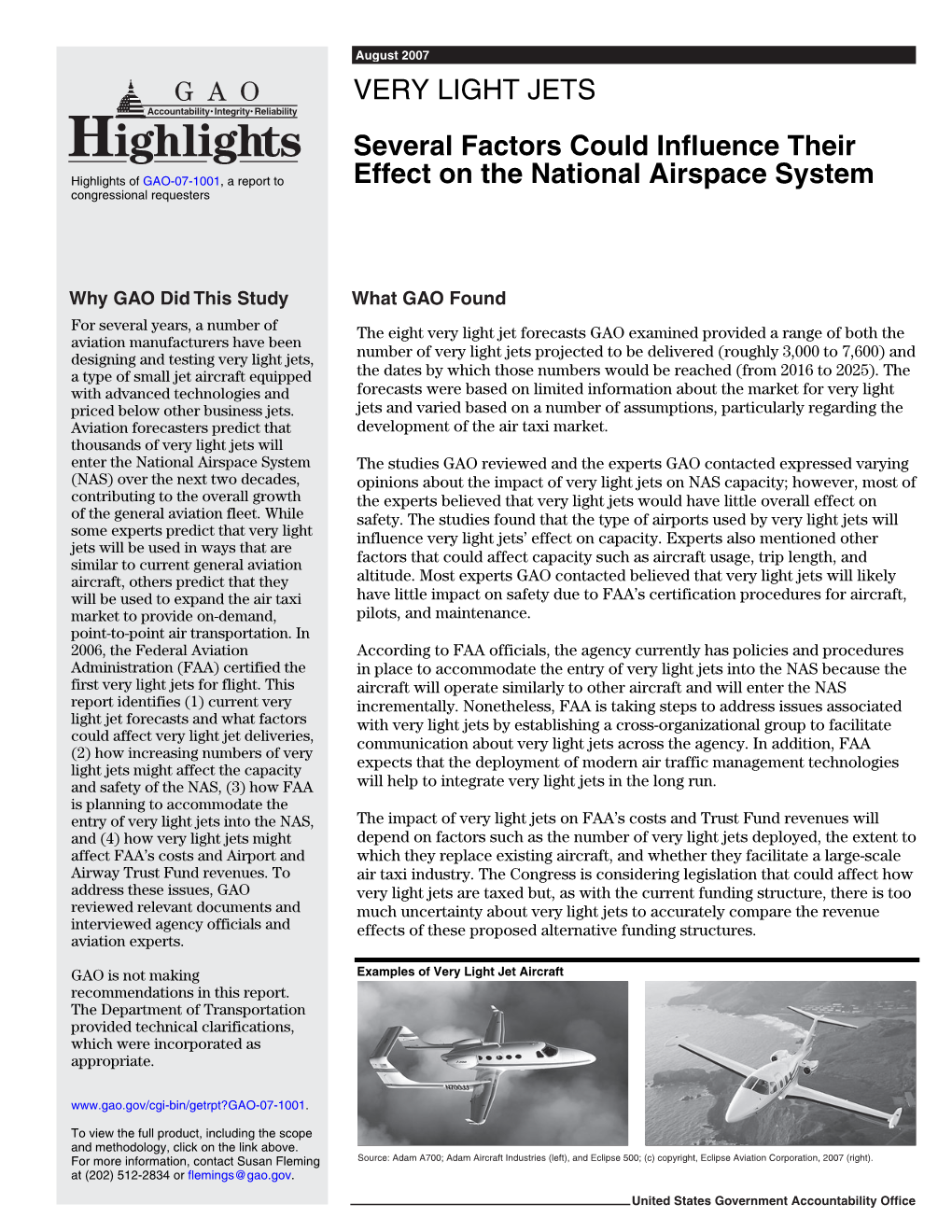 GAO-07-1001 Highlights, VERY LIGHT JETS: Several Factors Could
