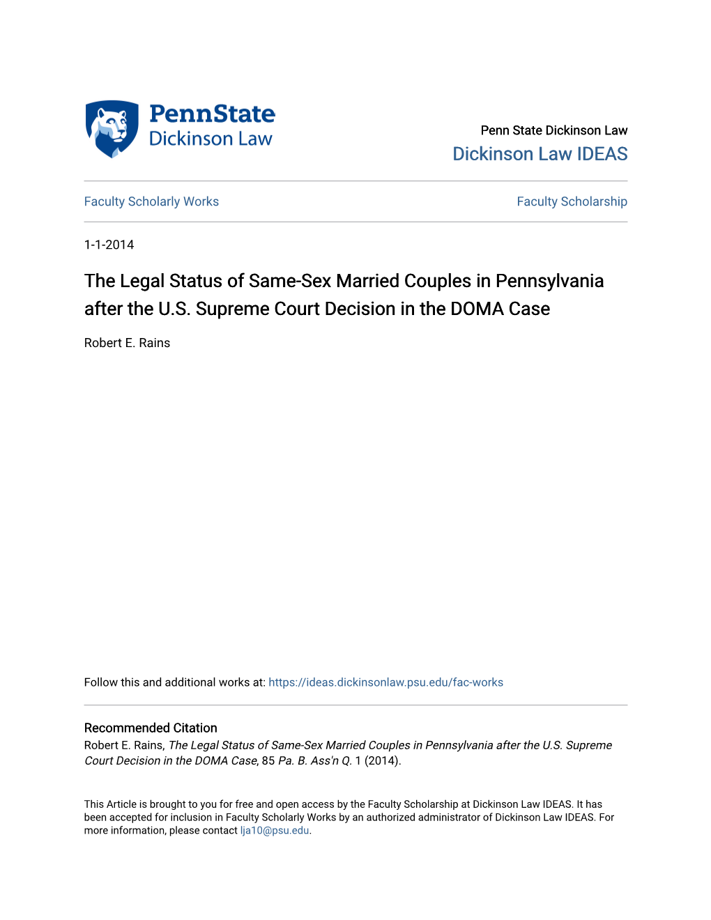 The Legal Status of Same-Sex Married Couples in Pennsylvania After the U.S