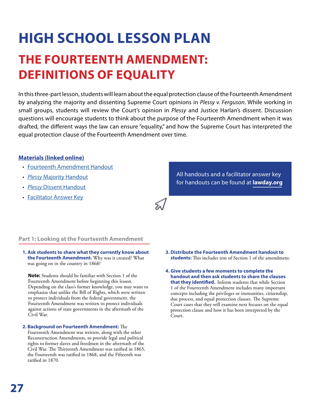 High School Lesson Plan the Fourteenth Amendment: Definitions of Equality