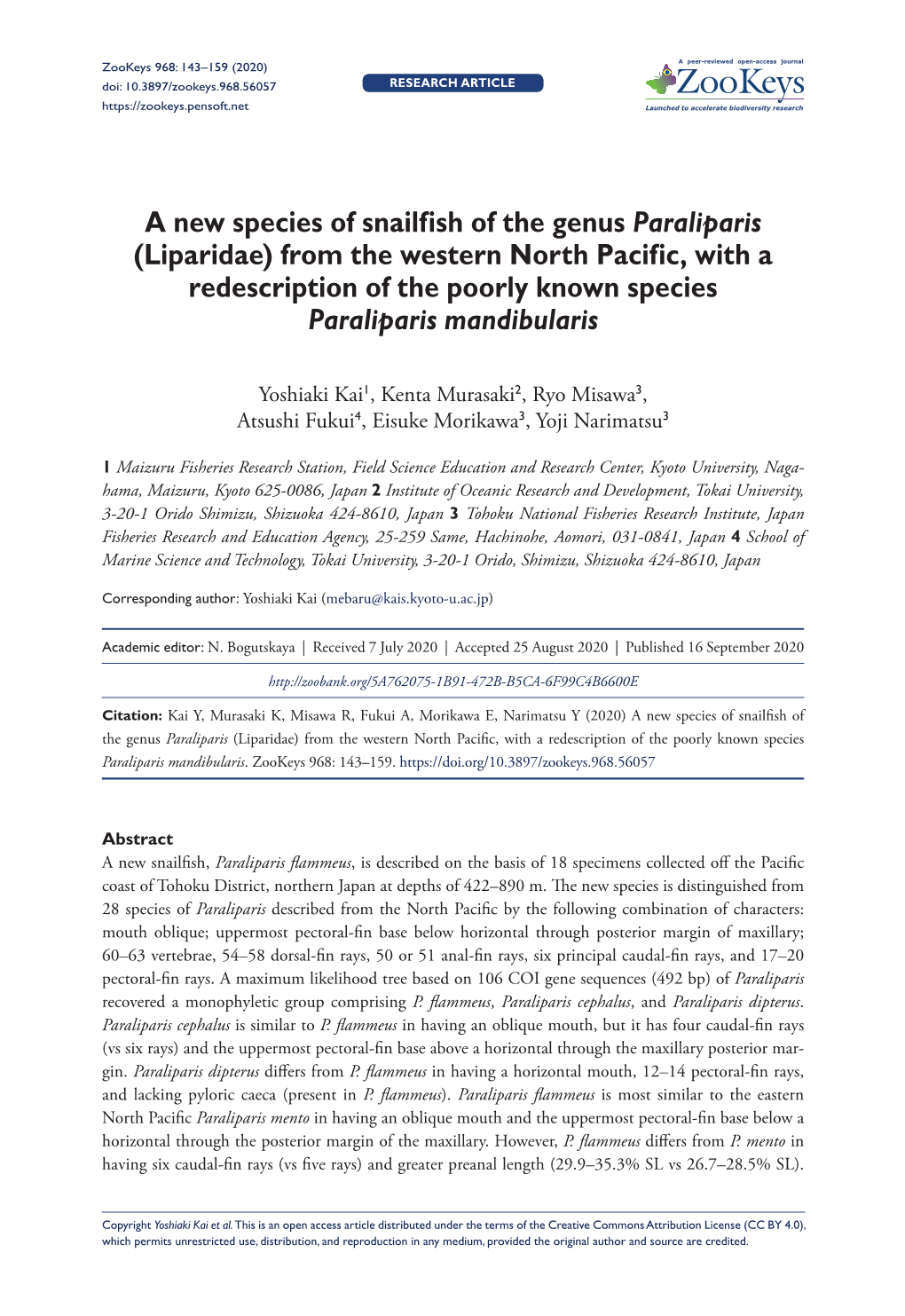 A New Species of Snailfish of the Genus Paraliparis