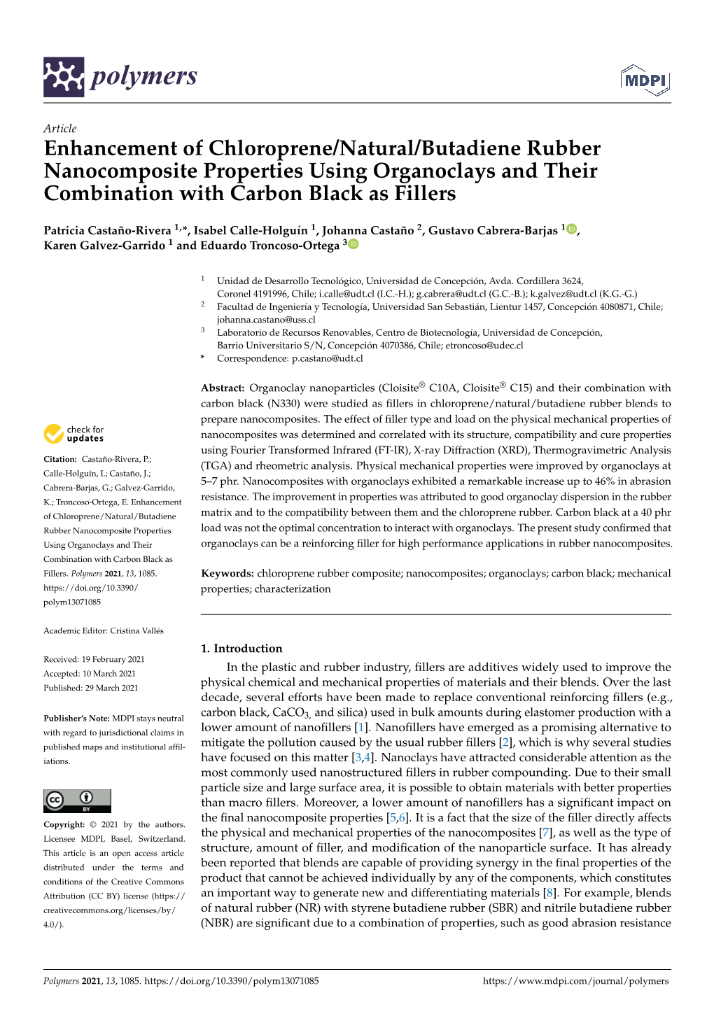 Enhancement of Chloroprene/Natural/Butadiene Rubber Nanocomposite Properties Using Organoclays and Their Combination with Carbon Black As Fillers