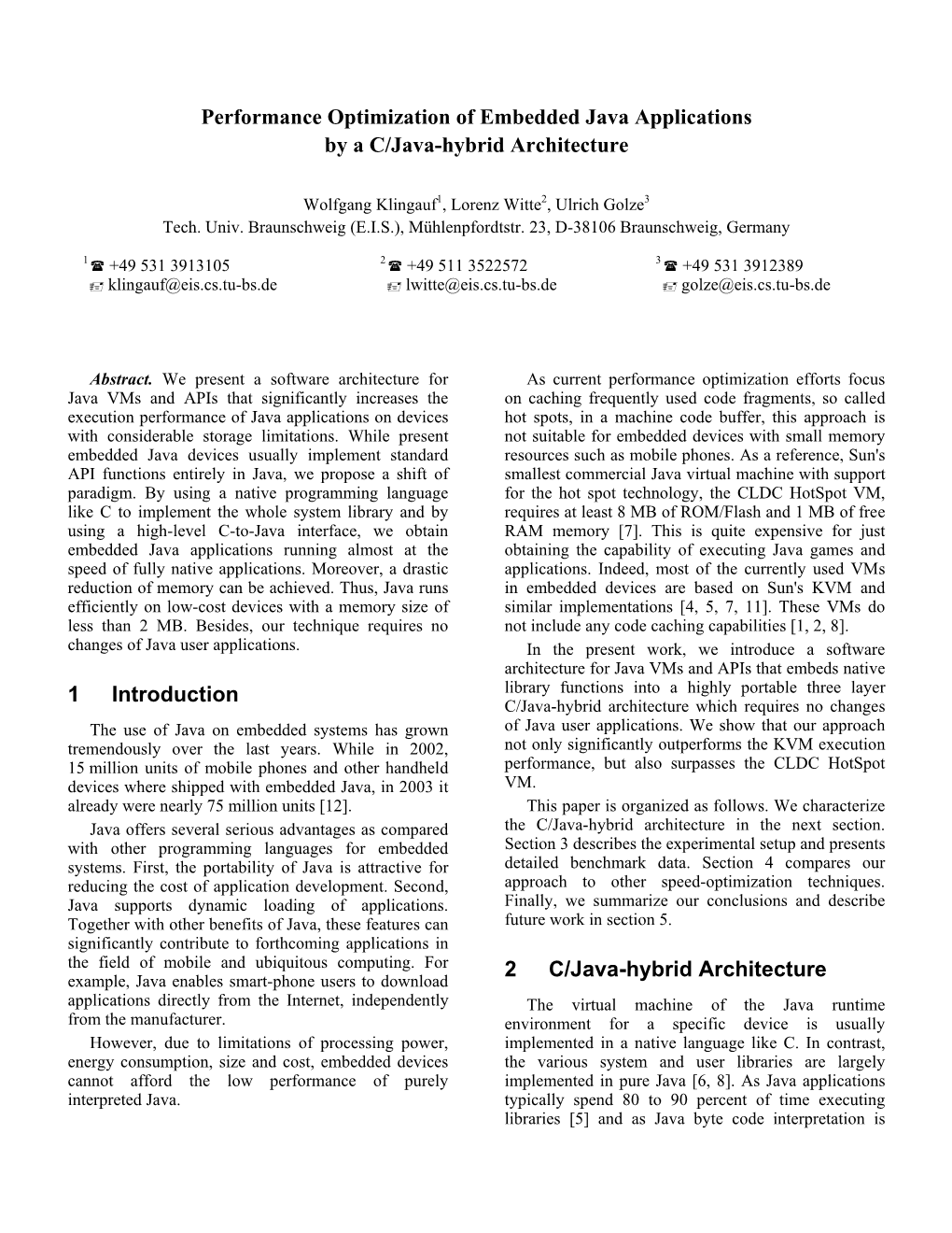 Performance Optimization of Embedded Java Applications by a C/Java-Hybrid Architecture