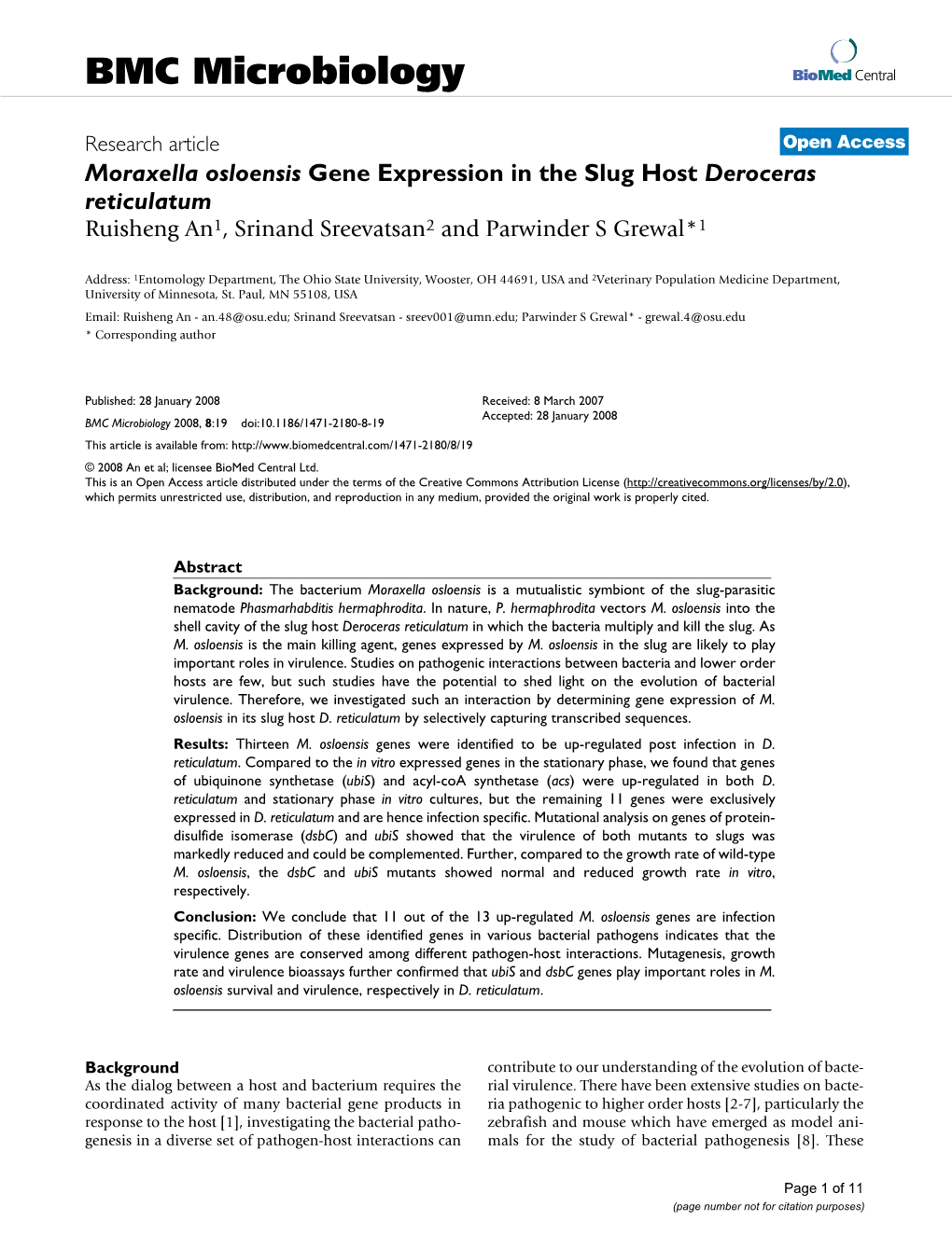 Moraxella Osloensis Gene Expression in the Slug Host Deroceras Reticulatum Ruisheng An1, Srinand Sreevatsan2 and Parwinder S Grewal*1